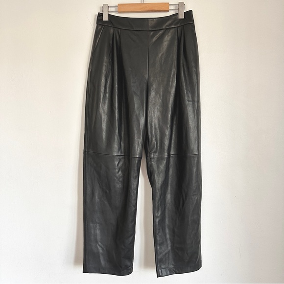 MANGO LEATHER LIKE BLACK PLEATED STRAIGHT PANTS VEGAN RETRO HIGH WAISTED 6 M - Picture 2 of 9